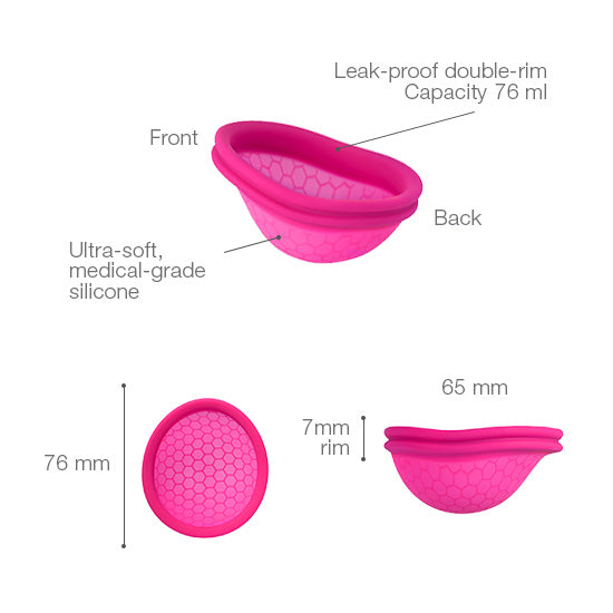 Ziggy Intima menstruatiecup in roze siliconen met afmetingen 76x65 mm, meerdere perspectieven