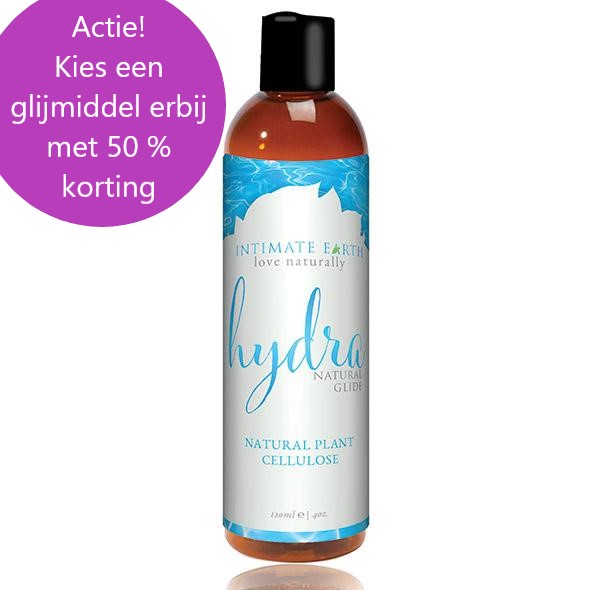 Flesje Intimate Earth Hydra Natural Glide glijmiddel met 50% korting actie-sticker