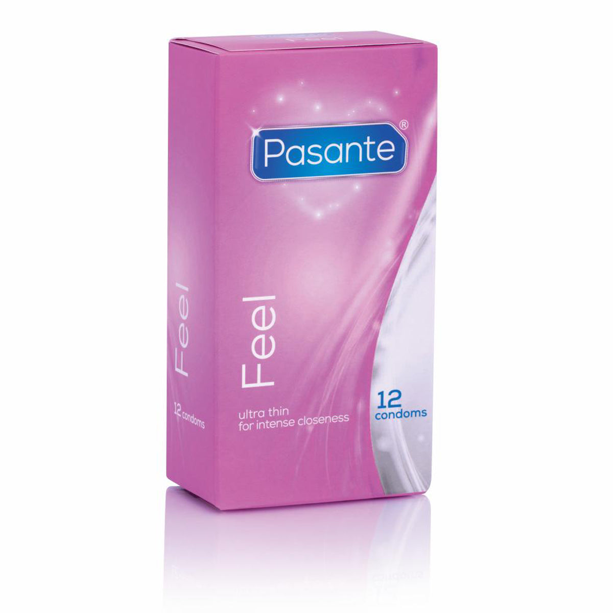 Pasante Sensative Feel condooms 12 stuks, roze verpakking met blauw logo en glanzende afwerking