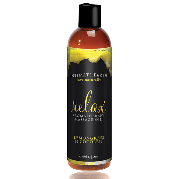 Intimate Earth Relax aromatherapie massage-olie met citroengras en kokosnoot, 120 ml fles