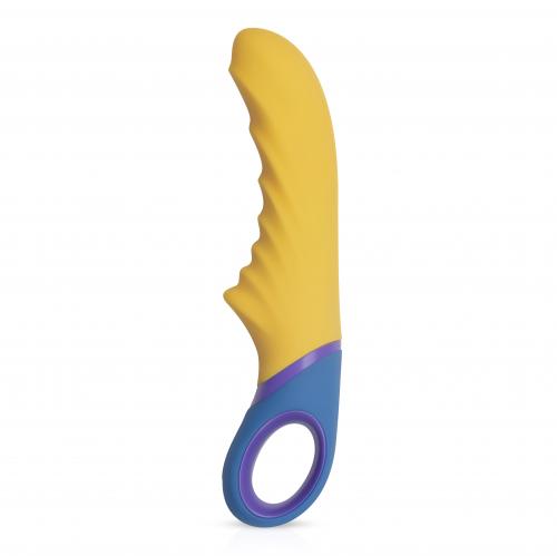 Tone G-spot vibrator in geel en blauw met geribbelde schacht en vingerlus aan basis