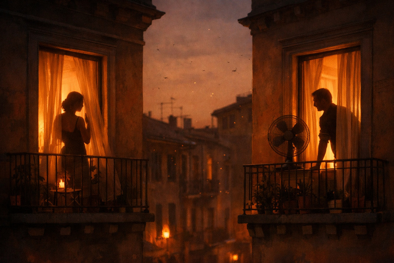 Twee open ramen in een zwoele zomernacht, met silhouetten die elkaar zwijgend aankijken.