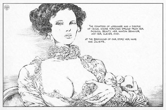 Zwart-witte illustratie van een elegante vrouw in historische kleding, zittend en zelfverzekerd afgebeeld in een klassieke tekenstijl.