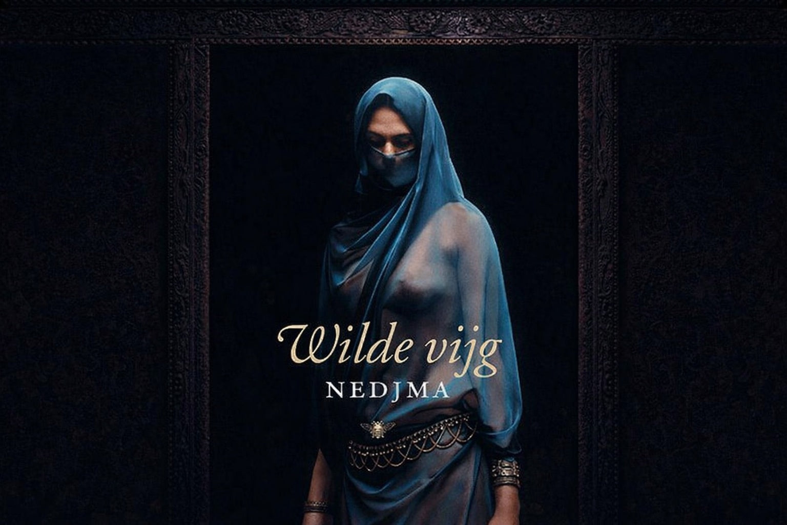 Een mysterieuze vrouw met sluier in een donkere ruimte, met de titel Wilde Vijg en de naam Nedjma subtiel in beeld, omgeven door een zwoele, intieme sfeer.