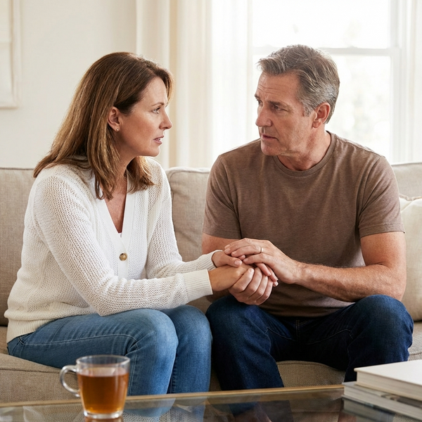 Koppel in gesprek over seksuele veranderingen bij informatief artikel over communicatie en intimiteit samen