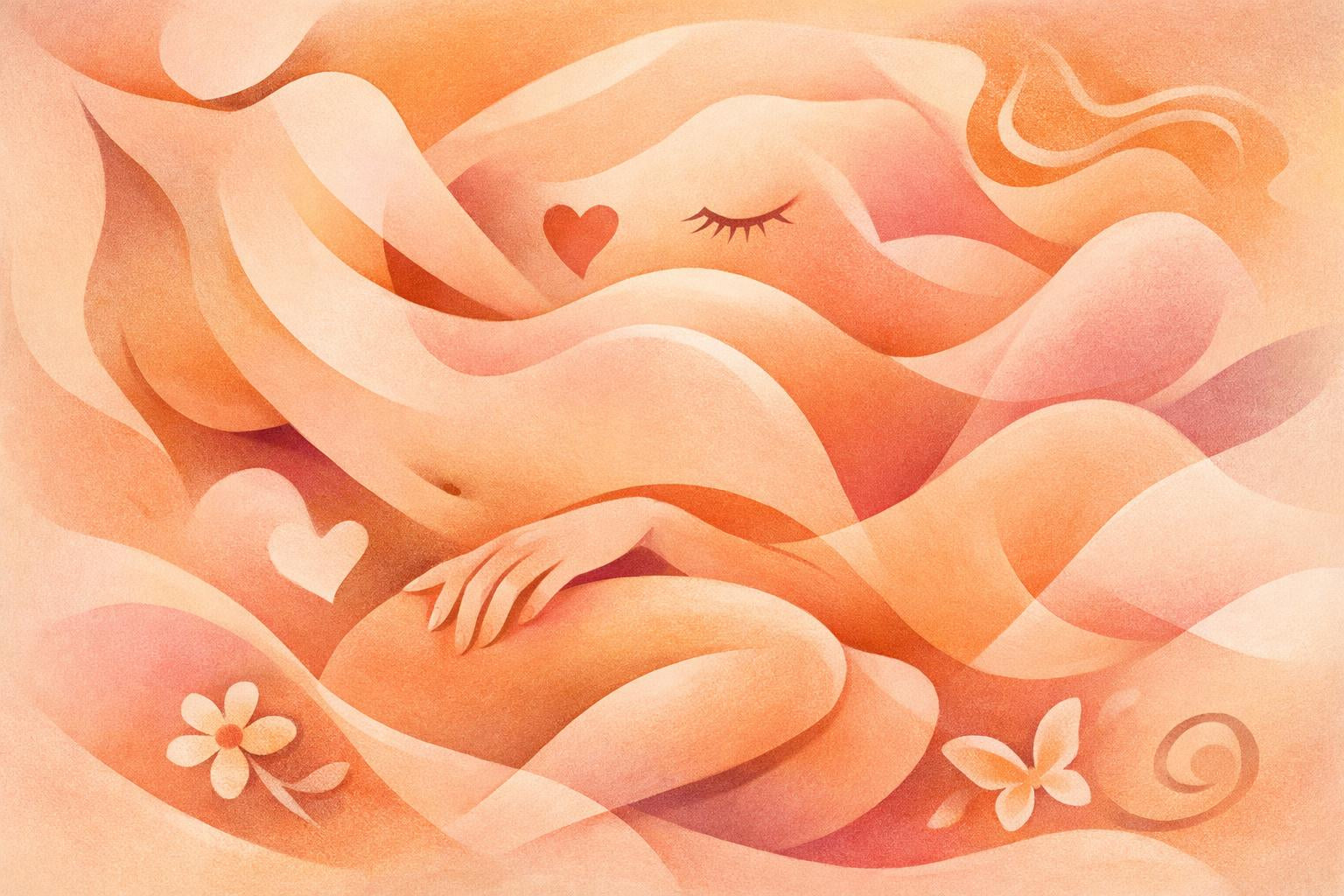 Zachte, sensuele illustratie van een dromerige vrouwenfiguur in warme perzik- en rozetinten, omgeven door golvende vormen, hartjes en bloemen, met een romantische en erotisch geladen sfeer van rust, verlangen en intimiteit.