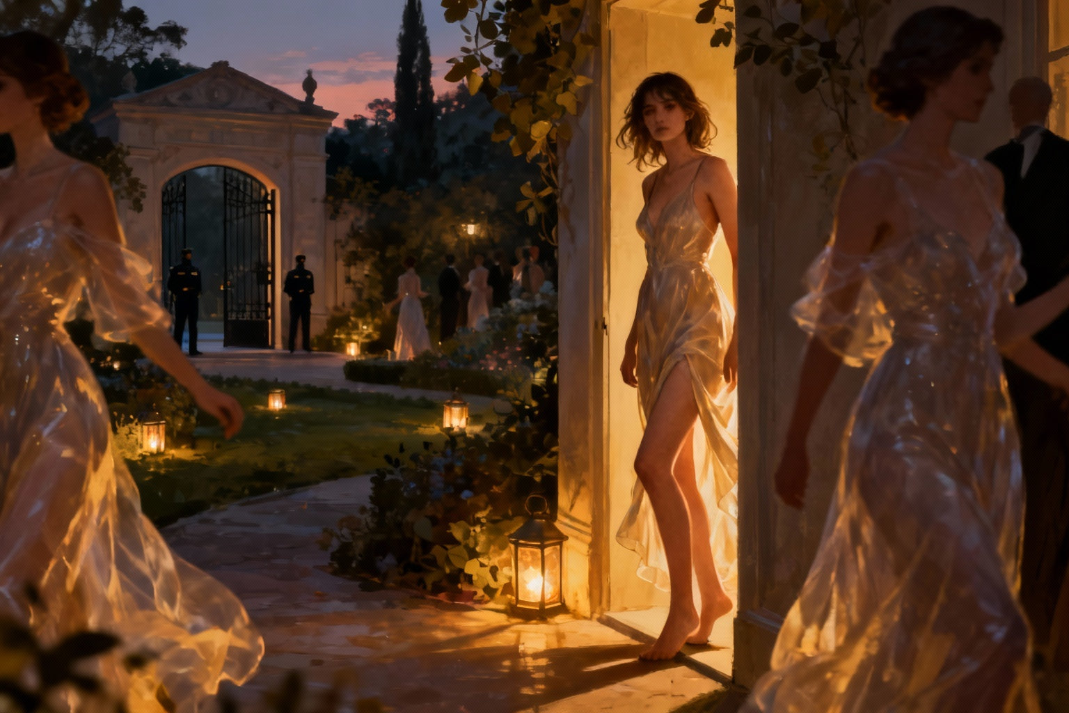 Avondscène bij een landgoed waar een vrouw zich losmaakt van haar kleding, omgeven door zacht licht en fluisterende elegantie.