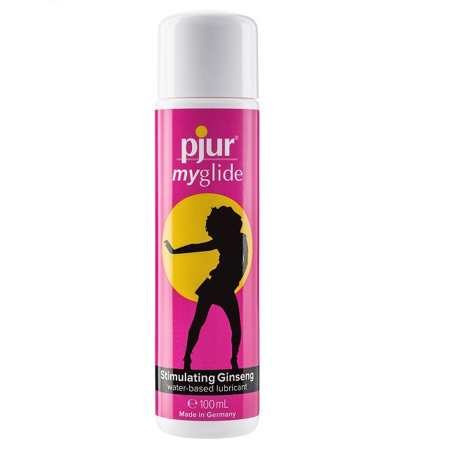 Pjur Myglide stimulerend glijmiddel 100 ml, roze fles met witte dop en vrouwensilhouet op geel accent