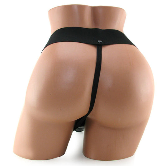 Holle purple strap-on achteraanzicht zwart harnas met elastische band op etalagepop