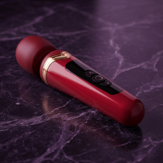 Zijaanzicht bordeauxrode wandmassager met ergonomische vorm