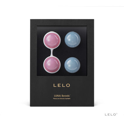 LELO Luna Beads luxe zwarte verpakking met twee roze en twee blauwe siliconen bekkenbodemballetjes