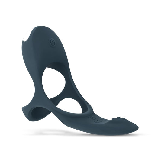 Boners Triple Cockring in donkergrijs siliconen met nopjes, zijaanzicht op witte achtergrond