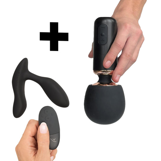 Combi aanbieding Bossy wandmassager en Vector+ prostaatmassager samen op witte achtergrond