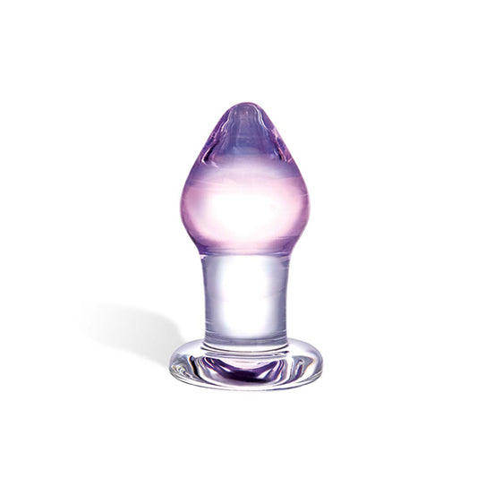 Amethyst glazen buttplug in paars-transparant kleurverloop met brede ronde basis.