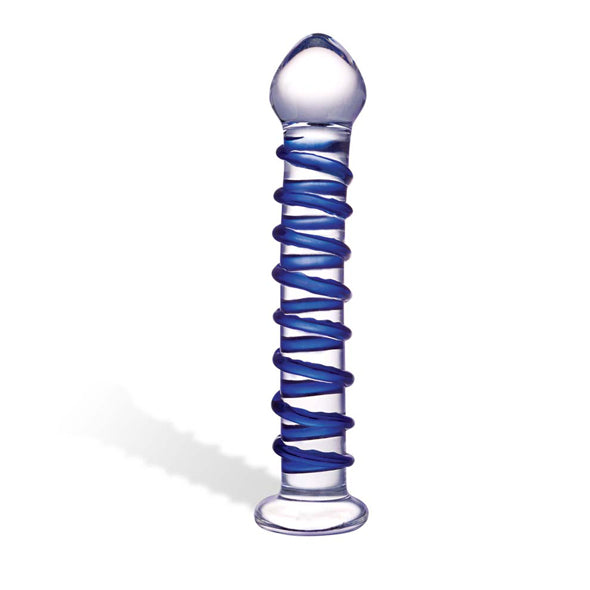 Transparante glazen dildo met blauwe spiraalvormige ribbels en ronde kop