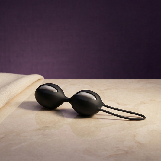 Zijaanzicht roze Smartballs met siliconen oppervlak en terughaalkoordje