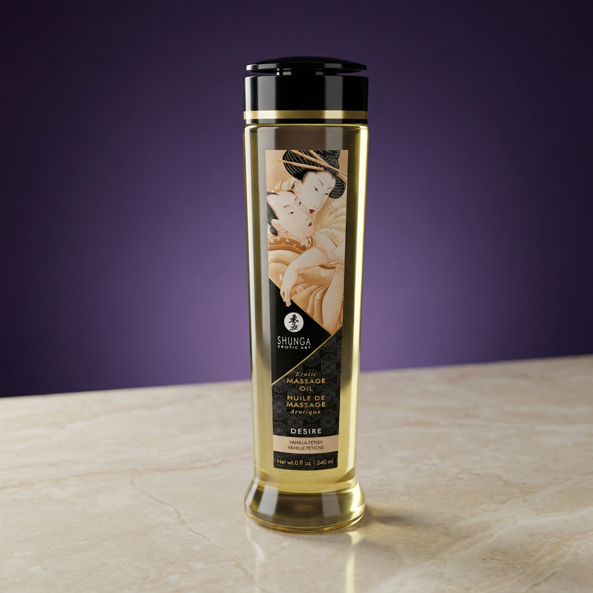 Zijaanzicht van Shunga Desire massage olie met elegante fles vormgeving