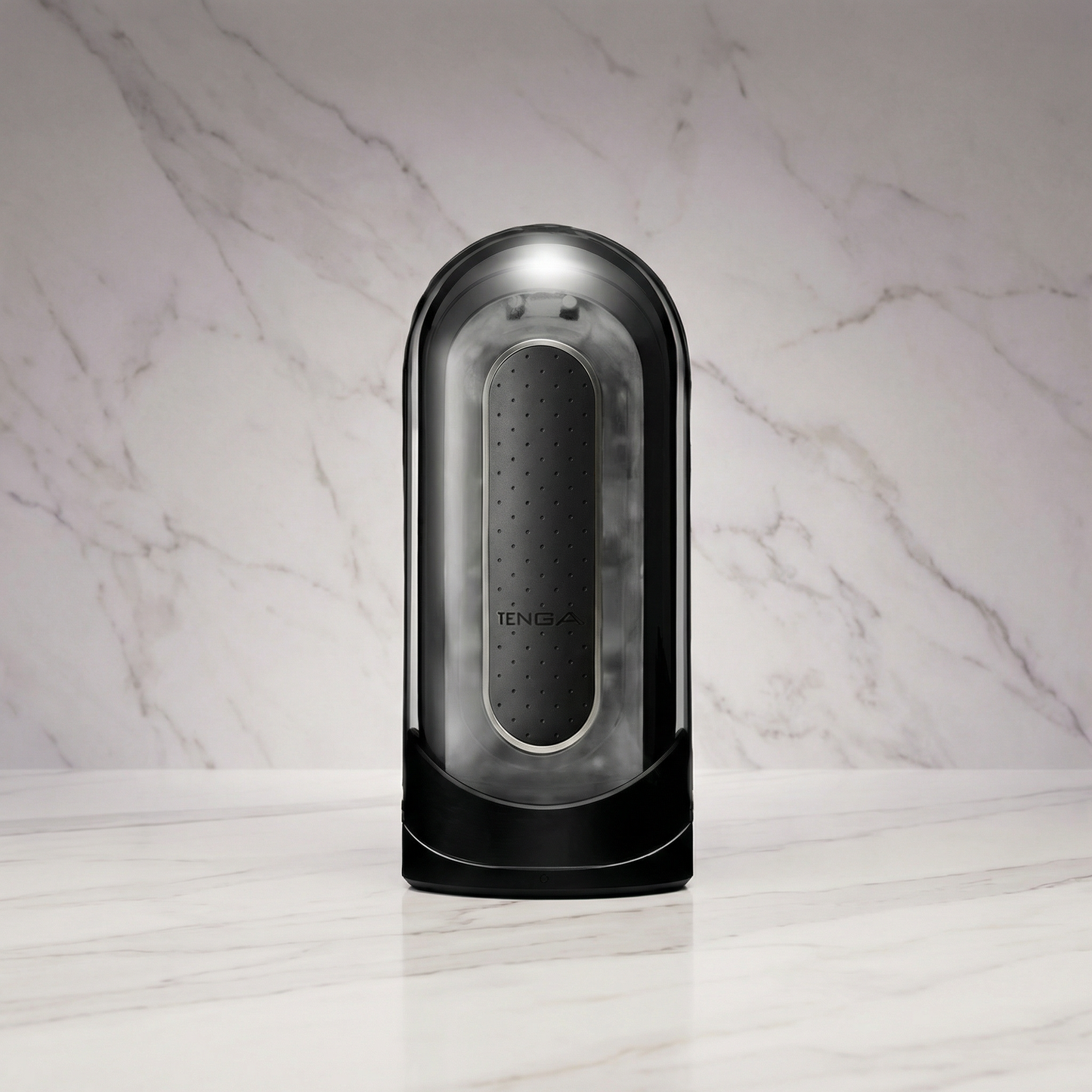 Detail van de interne textuur en flip-open mechanisme van de witte Tenga Flip Zero