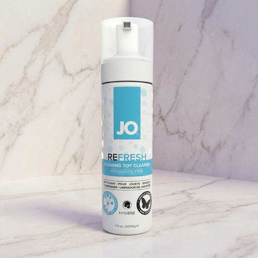 Grote fles JO Refresh schuimende reiniger voor speeltjes witte flacon met pompdispenser 207 ml