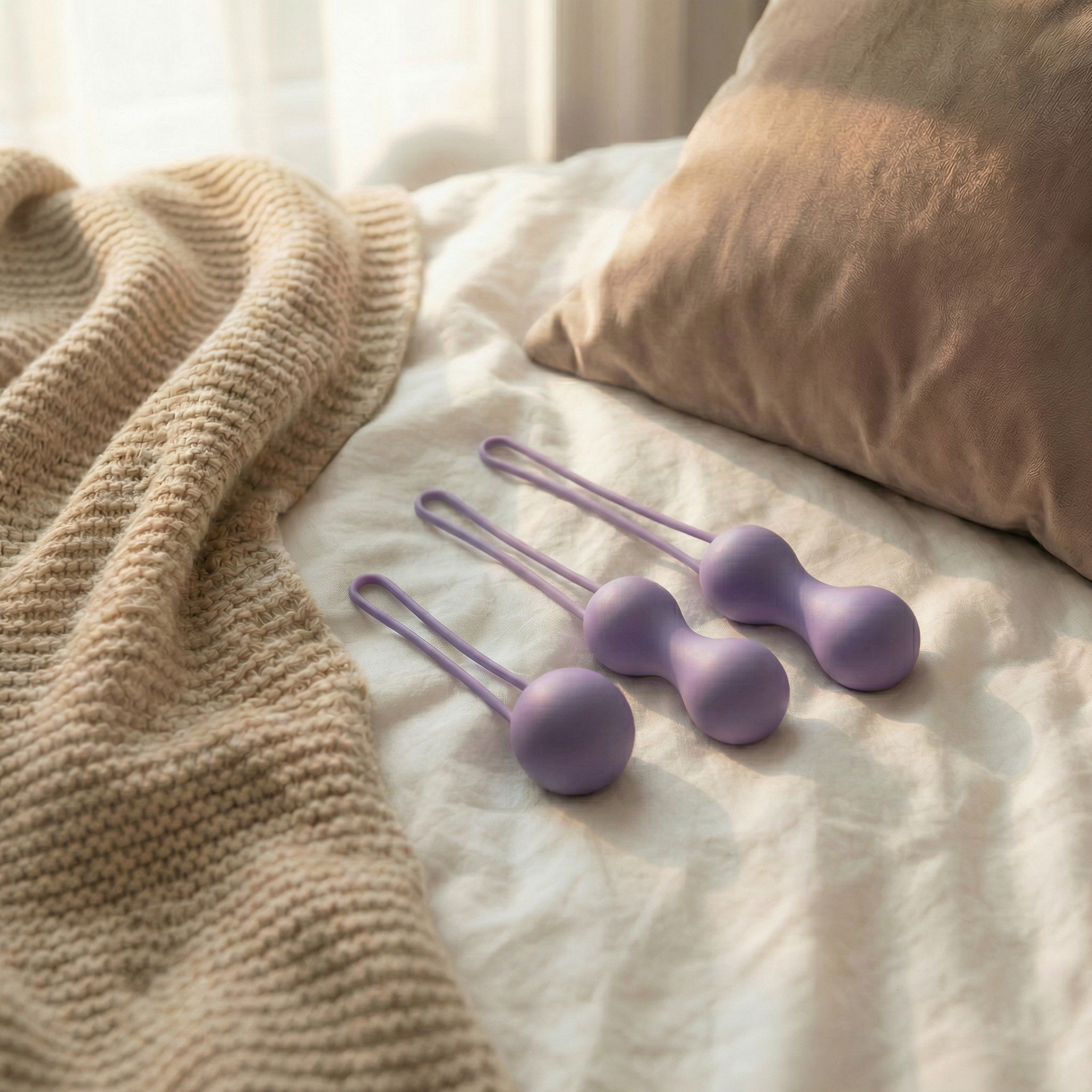 Kegelballen van Je Joue mooi op bed rustgevend bekkenbodem trainen