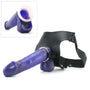 Holle purple strap-on 21 cm paarse siliconen dildo met zwart harnas en metalen ring losliggend