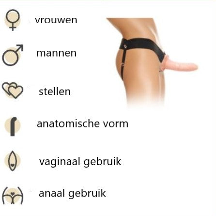 Stevige nude strap-on harnas van De Paarse Keizerin op witte achtergrond, maat S/M