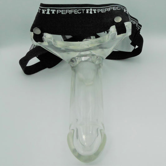 Vooraanzicht transparante prothese bevestigd aan zwart Perfect Fit harnas met drukknopen