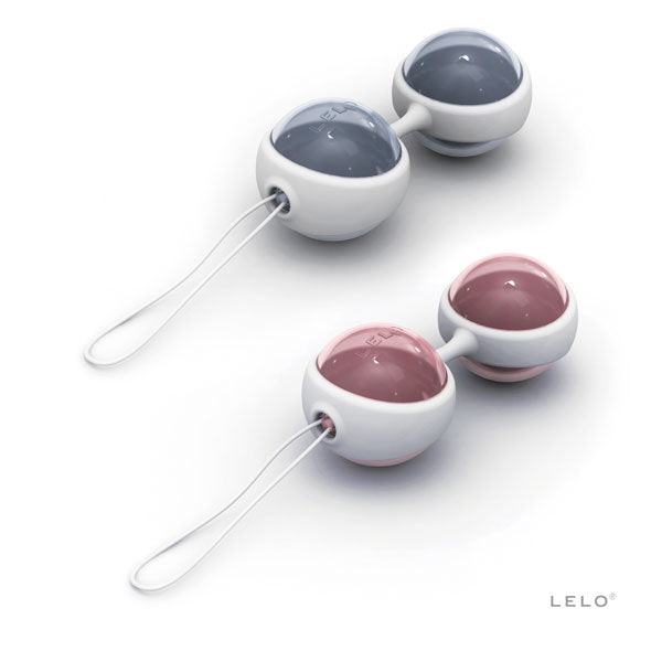 Luna Beads LELO twee sets bekkenbodemballetjes in wit siliconen houder met roze en blauwgrijze gewichten