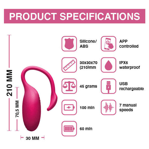 Specificaties Flamingo: 210 mm, siliconen, 45 gram, IPX6 waterdicht, 7 snelheden, USB