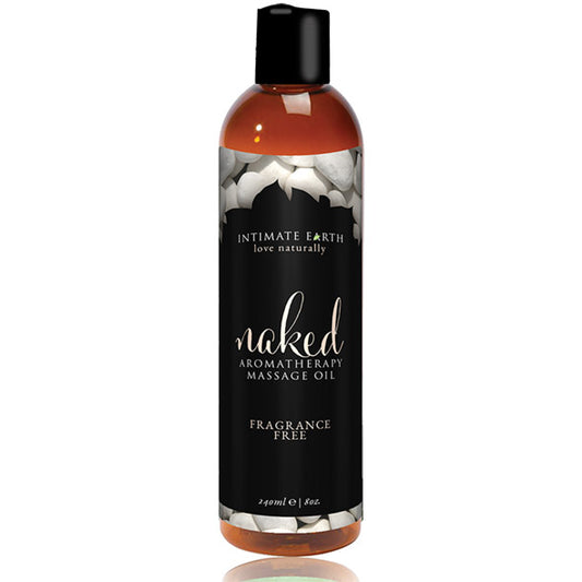Naked Unscented aromatherapie massageolie 240 ml, doorzichtige fles met goudkleurige olie en zwart etiket