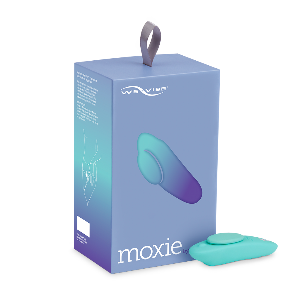 Sfeervolle presentatie We-Vibe Moxie Plus zwart op zachte ondergrond
