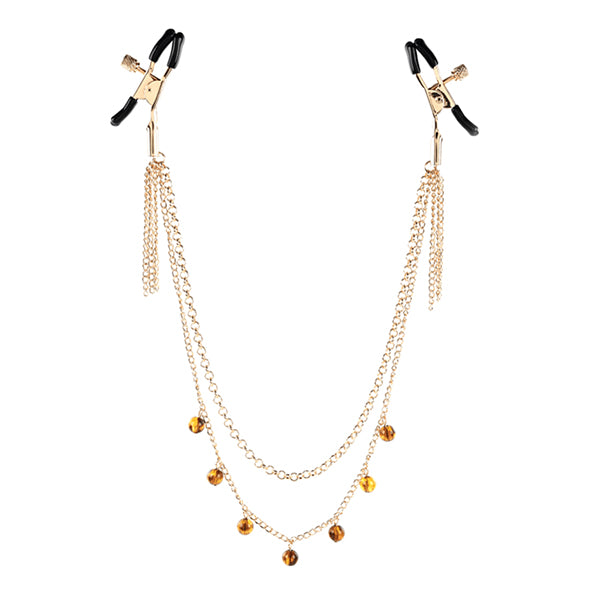Tepelklemmetjes met verstelbare klemmen, dubbele goudkleurige ketting en amber steentjes