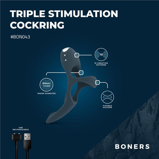 Boners Triple Cockring specificaties: 10 vibratiepatronen, USB-oplaadbaar, flexibel siliconen