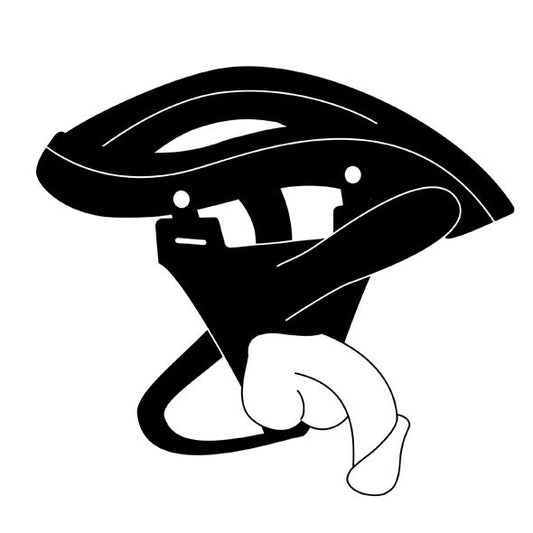 Zwart-wit illustratie van strap-on harnas met dildo, zijaanzicht naar rechts